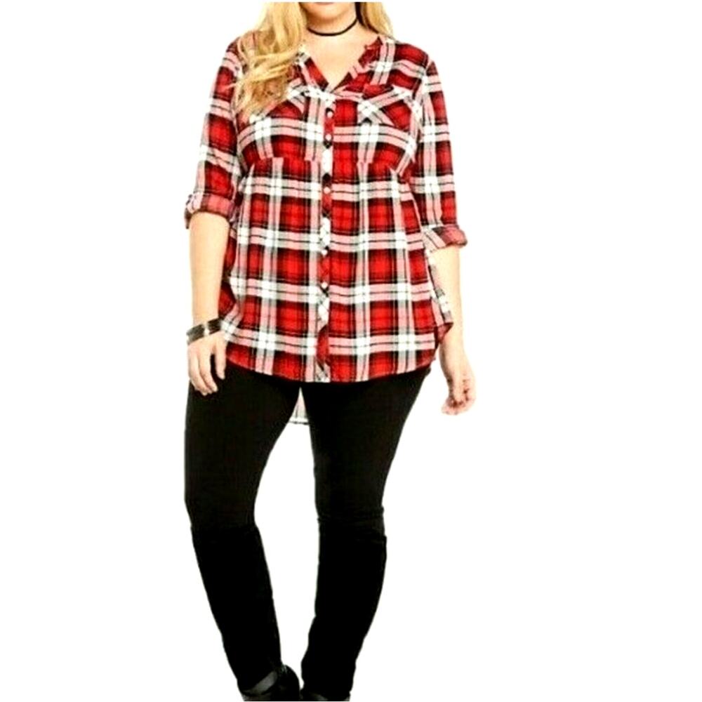 Torrid Plaid Top Size 1X NWT Babydoll Red Black lightweight Size 14 / 16 #710